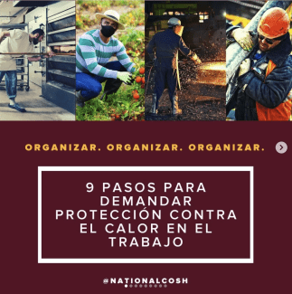 4 fotografías de 4 hombres en diferentes oficios con una leyenda que dice organizar - 9 pasos para demandar protección contra el calor en el trabajo en letras blancas sobre fondo corinto