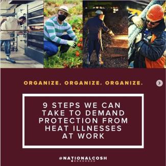 Collage of four photos showing men working in different trades with a legend that says, "9 steps we can take to demand protection from heat illnesses at work." 