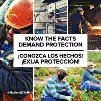 Collage of four photos showing men working in different trades with a black legend on white background Know the Facts Demand Protection 
